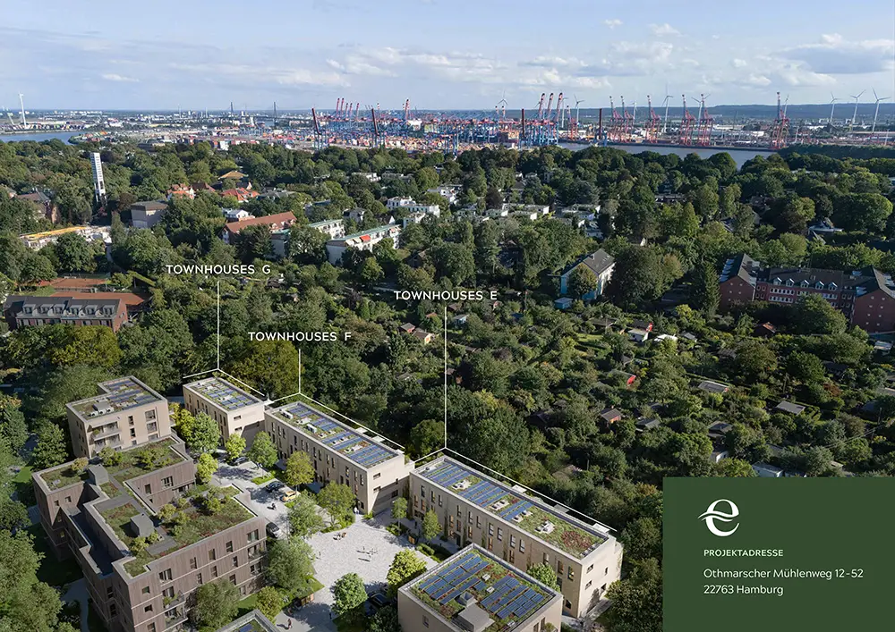 Vogelperspektive des Wohnprojekts Elbseits mit den Hausgruppen E, F und G am Othmarscher Mühlenweg.