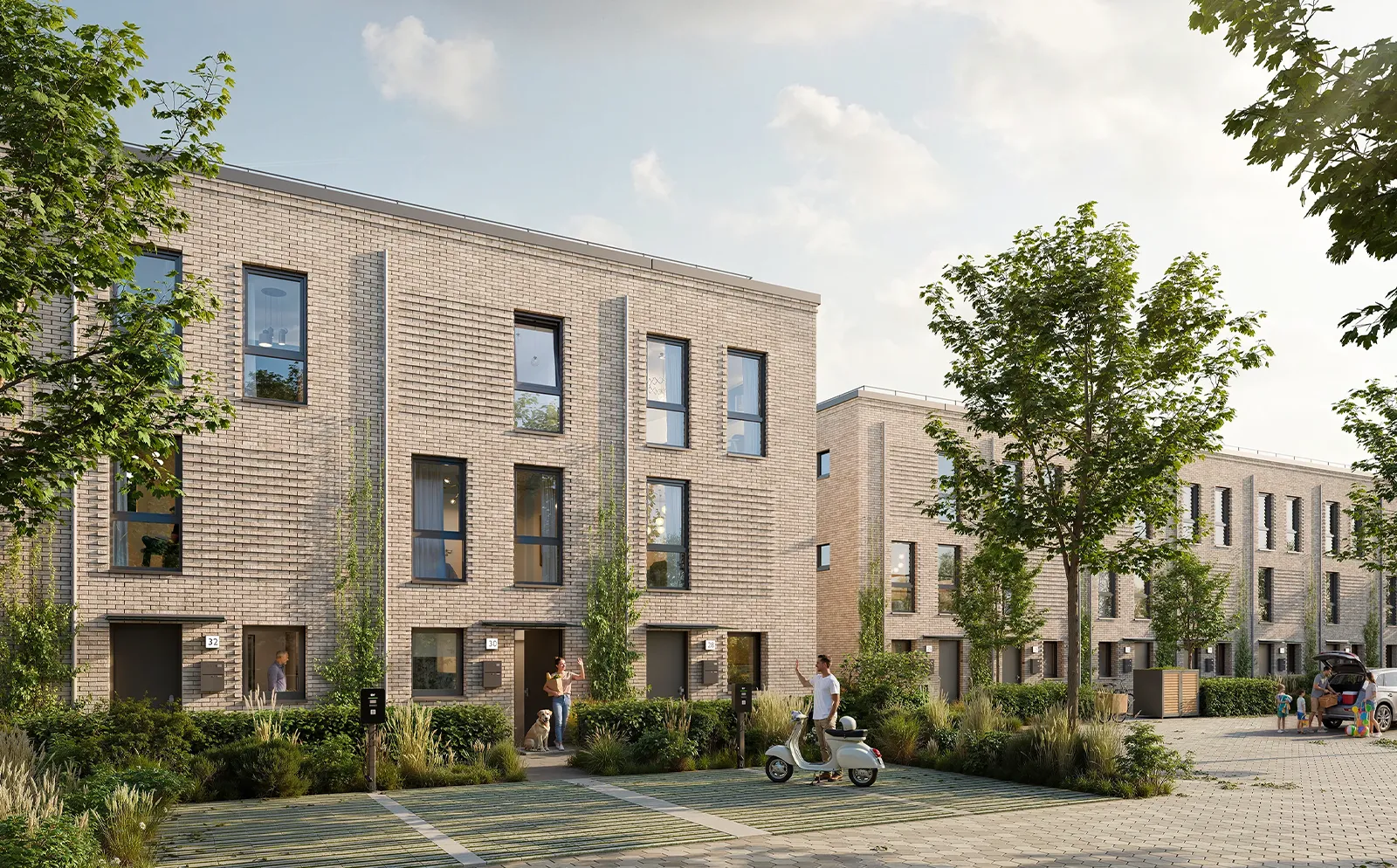 Visualisierung der Townhouses mit heller Klinkerfassade und begrünten Eingangsbereichen