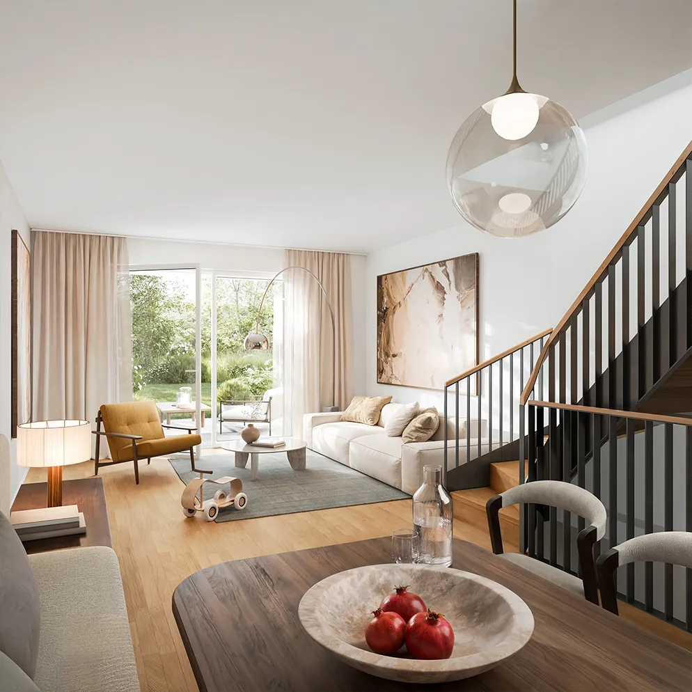 Visualisierung eines offenen Wohnbereichs mit Treppe und Zugang zum Garten